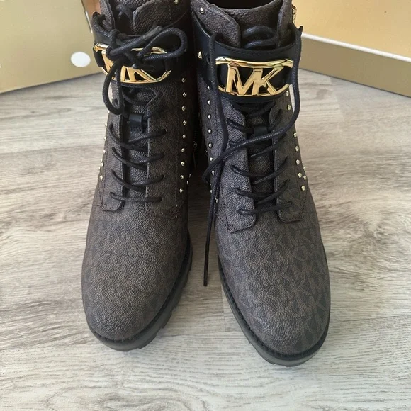 Michael Kors Kincaid Logo Studded Brown and Black Lace Up Boots - Picture 1 of 8